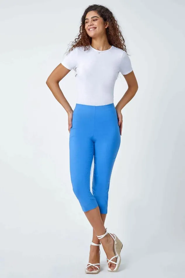 Light Denim Blue Elastic Waist Stretch Cropped Trousers Women Roman Trousers