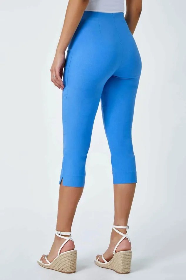 Light Denim Blue Elastic Waist Stretch Cropped Trousers Women Roman Trousers