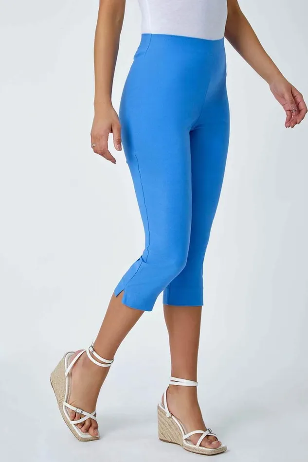 Light Denim Blue Elastic Waist Stretch Cropped Trousers Women Roman Trousers