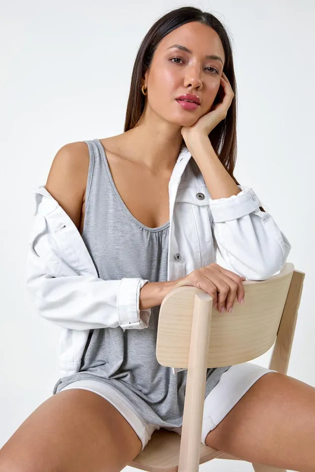 Light Grey Plain VNeck Stretch Jersey Vest Top Women Roman Tops