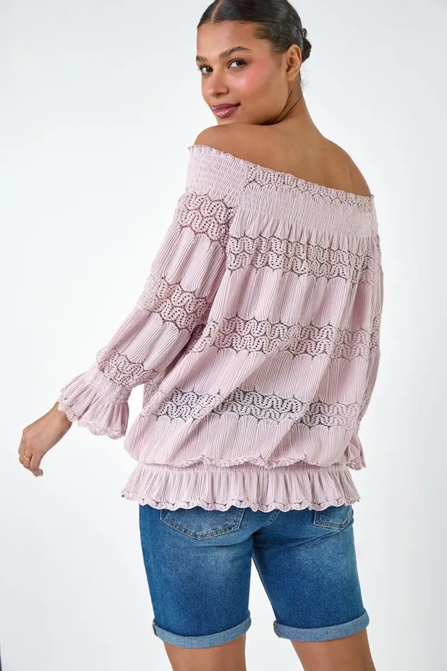 Light Pink Lace Insert Stretch Bardot Top Women Roman Tops