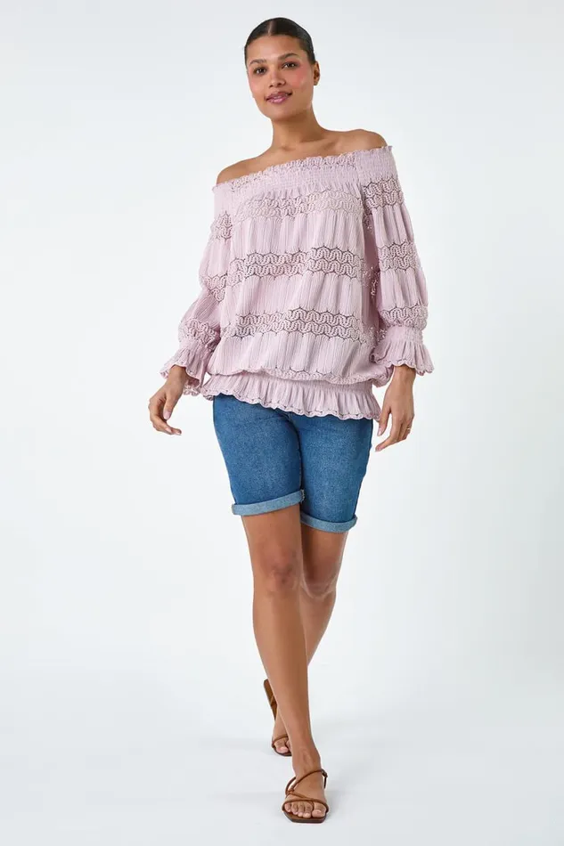 Light Pink Lace Insert Stretch Bardot Top Women Roman Tops