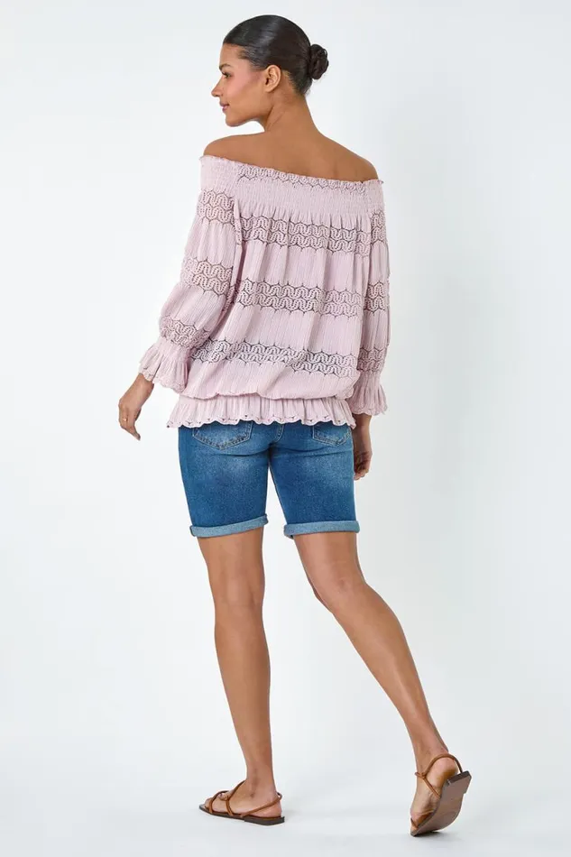 Light Pink Lace Insert Stretch Bardot Top Women Roman Tops