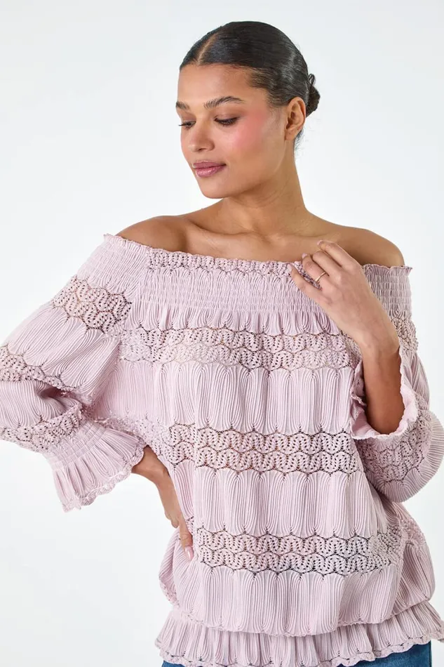 Light Pink Lace Insert Stretch Bardot Top Women Roman Tops
