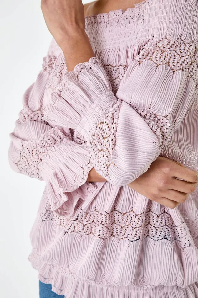 Light Pink Lace Insert Stretch Bardot Top Women Roman Tops