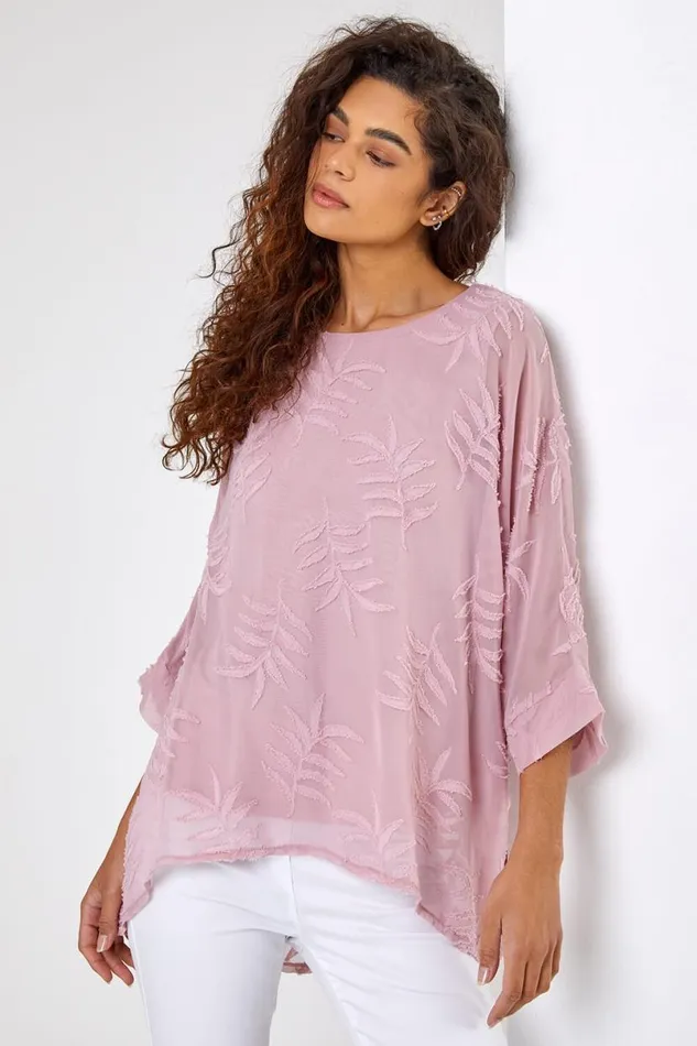 Light Pink Leaf Burnout Print Overlay Top Women Roman Tops