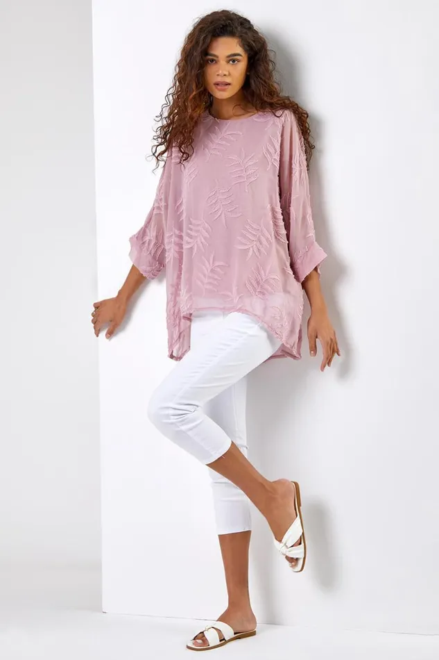 Light Pink Leaf Burnout Print Overlay Top Women Roman Tops