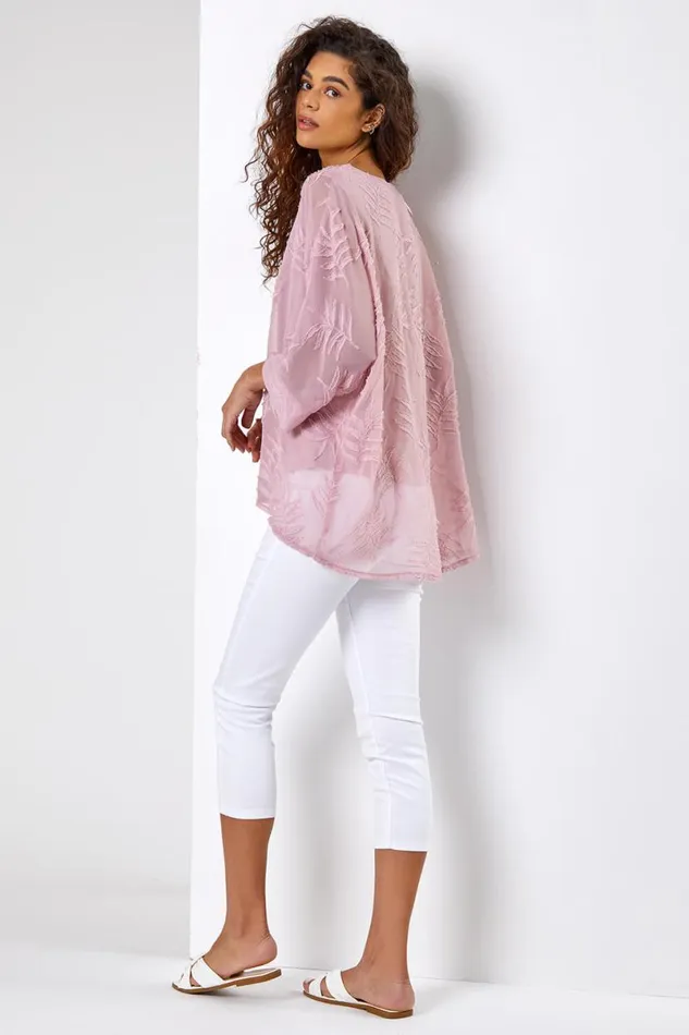 Light Pink Leaf Burnout Print Overlay Top Women Roman Tops