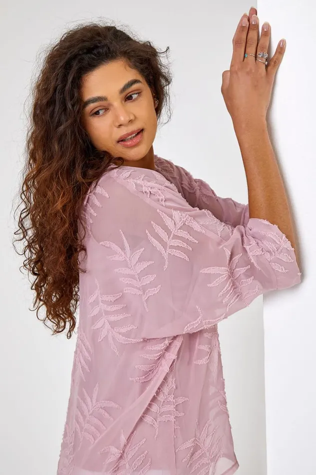 Light Pink Leaf Burnout Print Overlay Top Women Roman Tops
