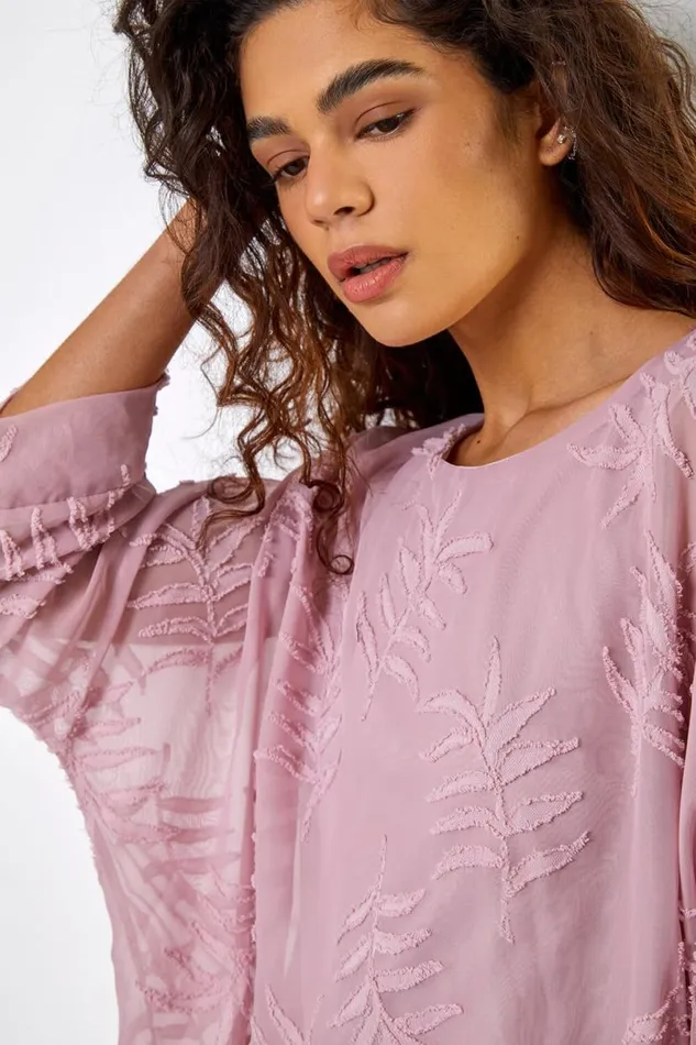 Light Pink Leaf Burnout Print Overlay Top Women Roman Tops