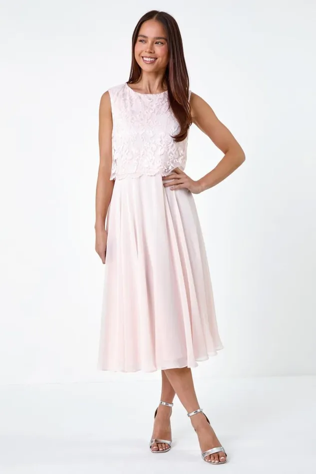 Light Pink Petite Chiffon Overlay Lace Midi Dress Women Roman Dresses