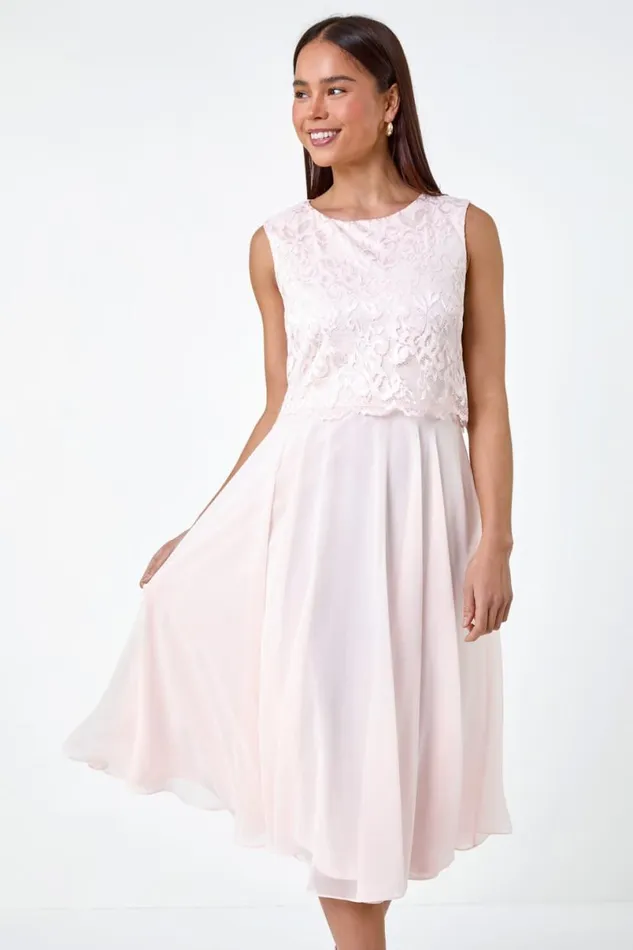 Light Pink Petite Chiffon Overlay Lace Midi Dress Women Roman Dresses