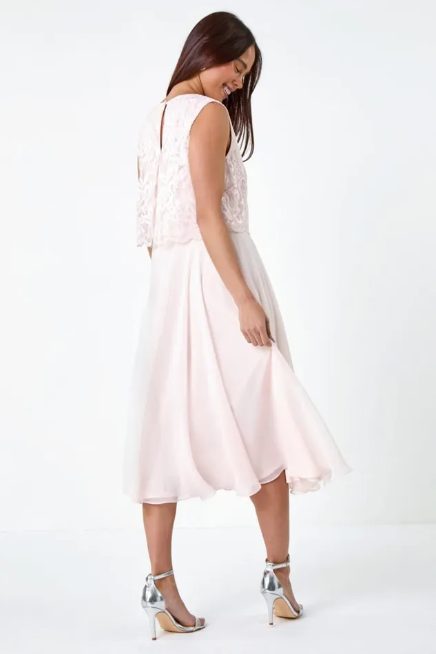 Light Pink Petite Chiffon Overlay Lace Midi Dress Women Roman Dresses