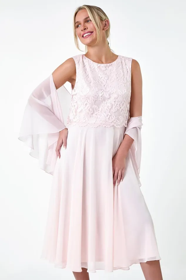 Light Pink Petite Chiffon Overlay Lace Midi Dress Women Roman Dresses