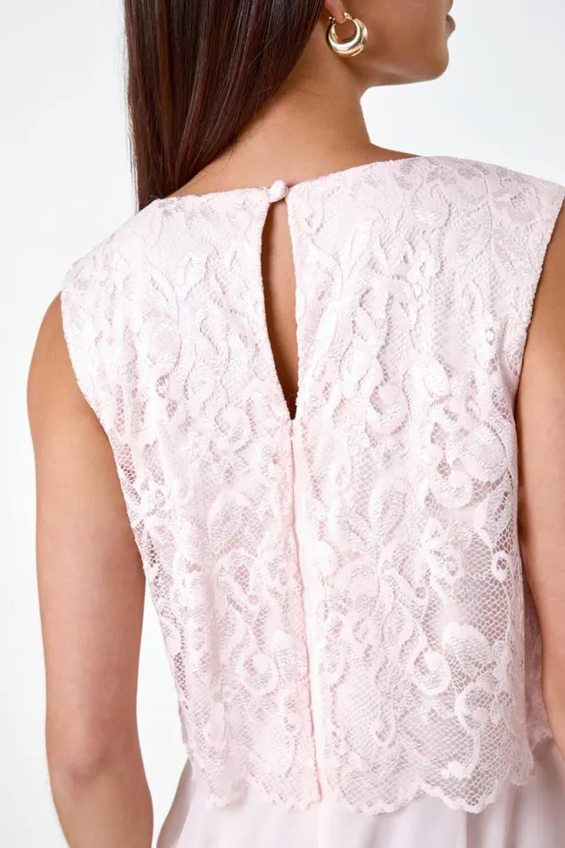 Light Pink Petite Chiffon Overlay Lace Midi Dress Women Roman Dresses