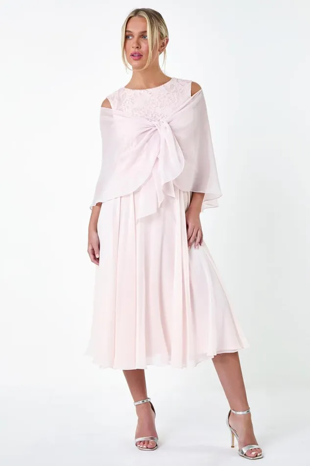 Light Pink Petite Chiffon Overlay Lace Midi Dress Women Roman Dresses