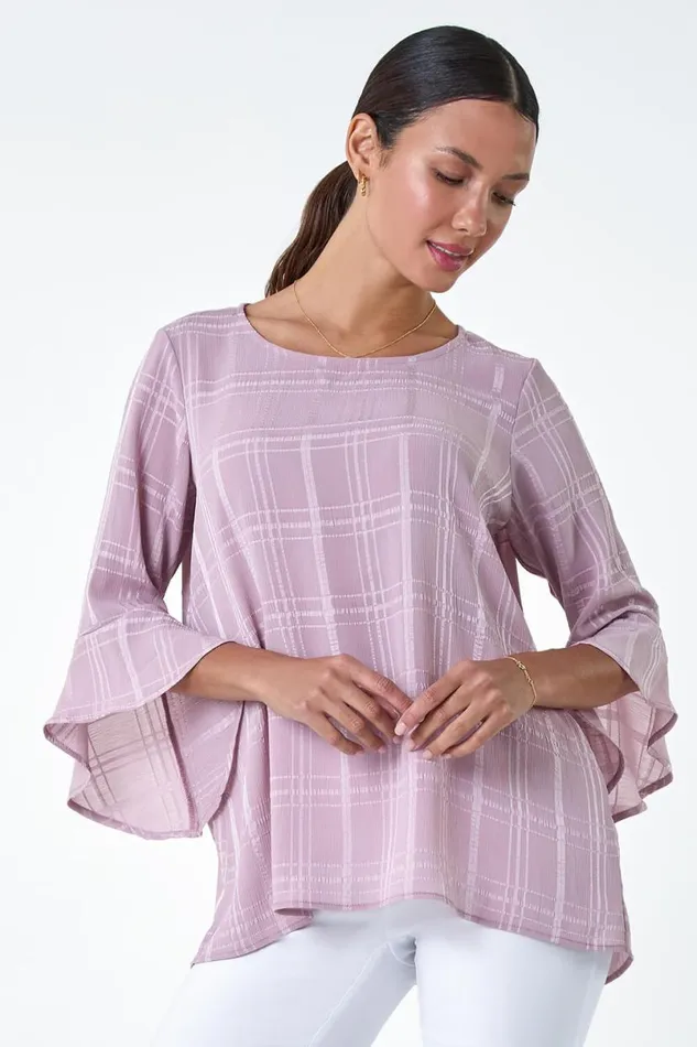Light Pink Satin Stripe Frill Sleeve Top Women Roman Tops
