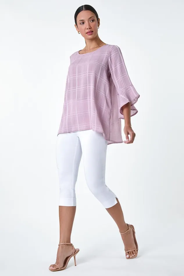 Light Pink Satin Stripe Frill Sleeve Top Women Roman Tops