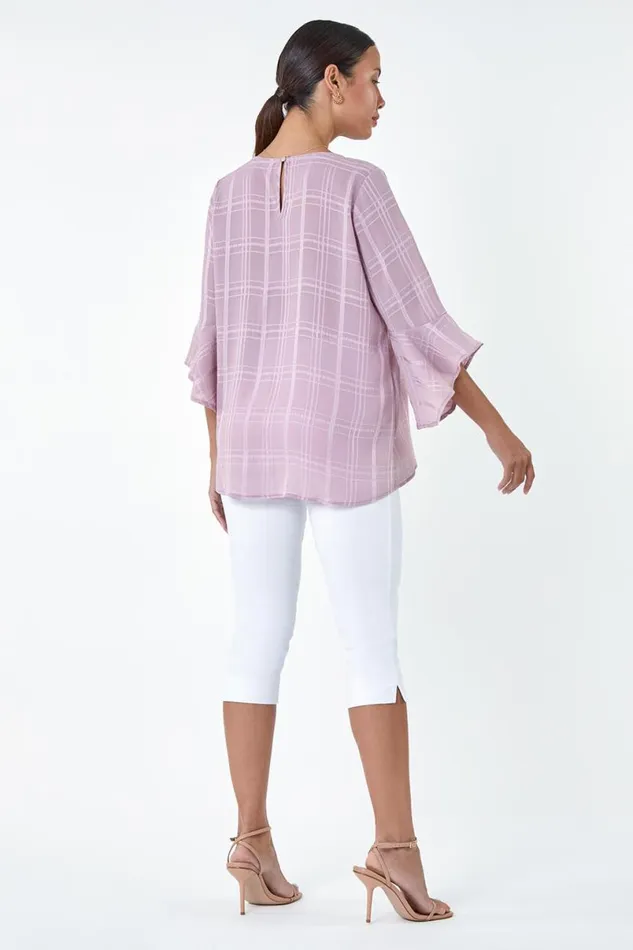 Light Pink Satin Stripe Frill Sleeve Top Women Roman Tops
