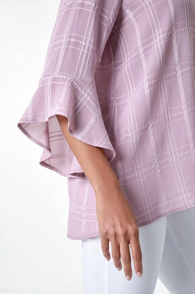 Light Pink Satin Stripe Frill Sleeve Top Women Roman Tops