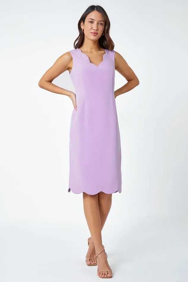 Lilac Scallop Edge Plain Shift Dress Women Roman Dresses
