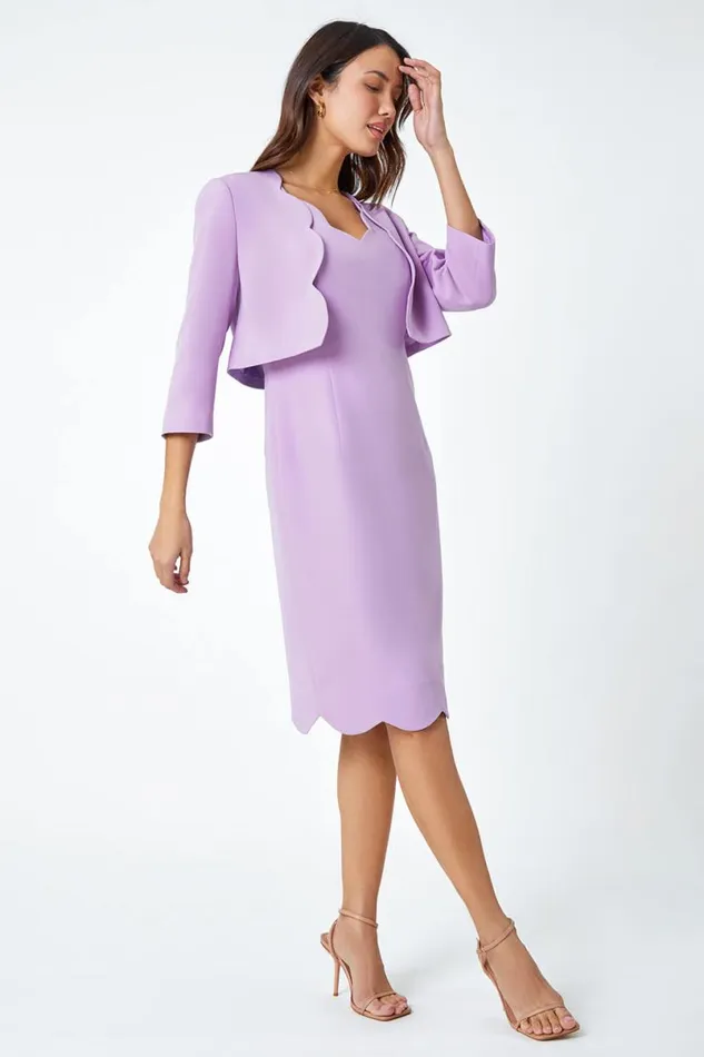 Lilac Scallop Edge Plain Shift Dress Women Roman Dresses