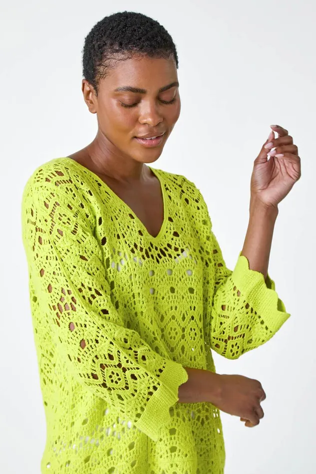 Lime Cotton Crochet Tunic Top Women Roman Tops