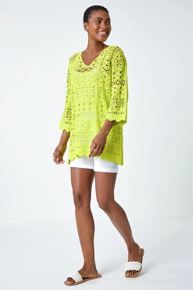 Lime Cotton Crochet Tunic Top Women Roman Tops
