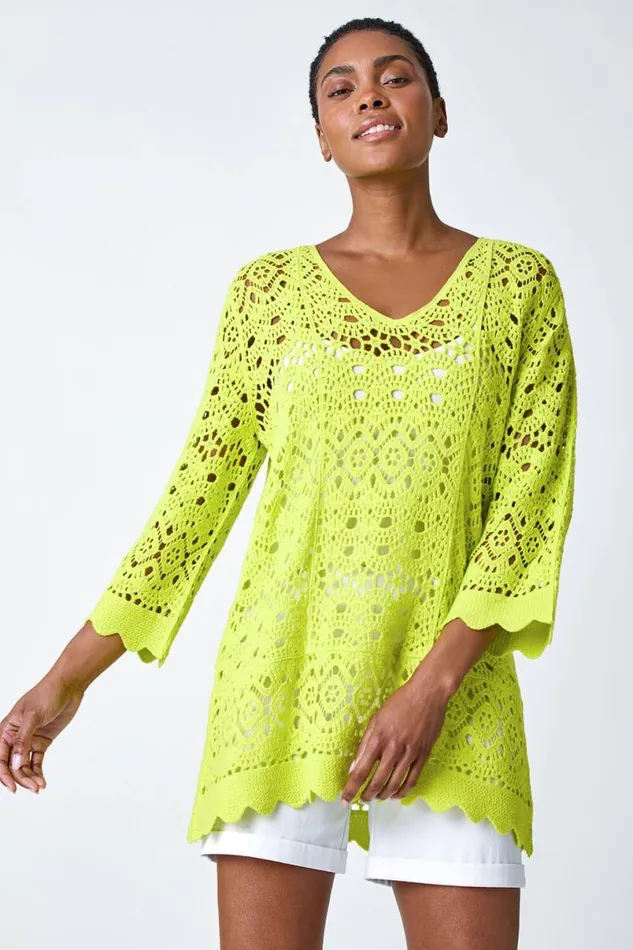 Lime Cotton Crochet Tunic Top Women Roman Tops