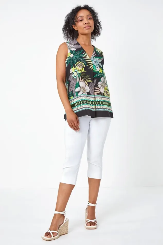 Lime Petite Floral Border Print VNeck Top Women Roman Tops