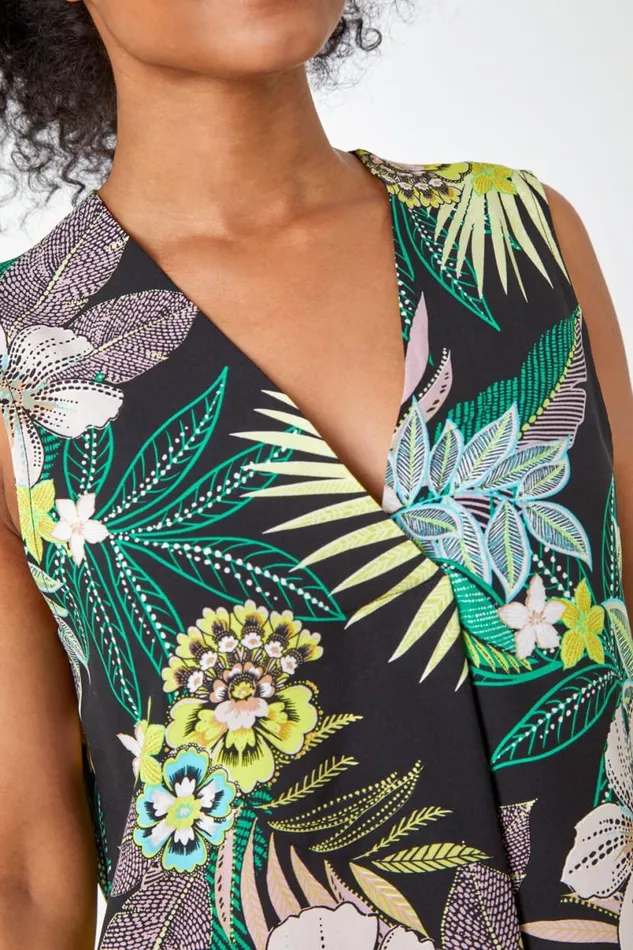 Lime Petite Floral Border Print VNeck Top Women Roman Tops