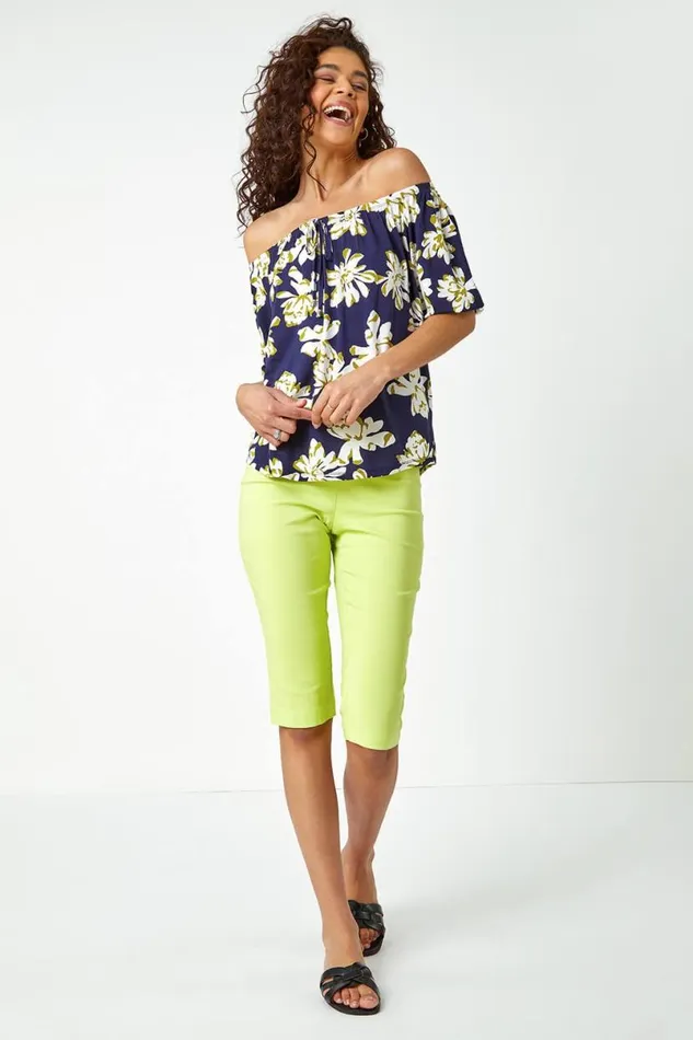 Lime Stretch Knee Length Elastic Waist Shorts Women Roman Trousers