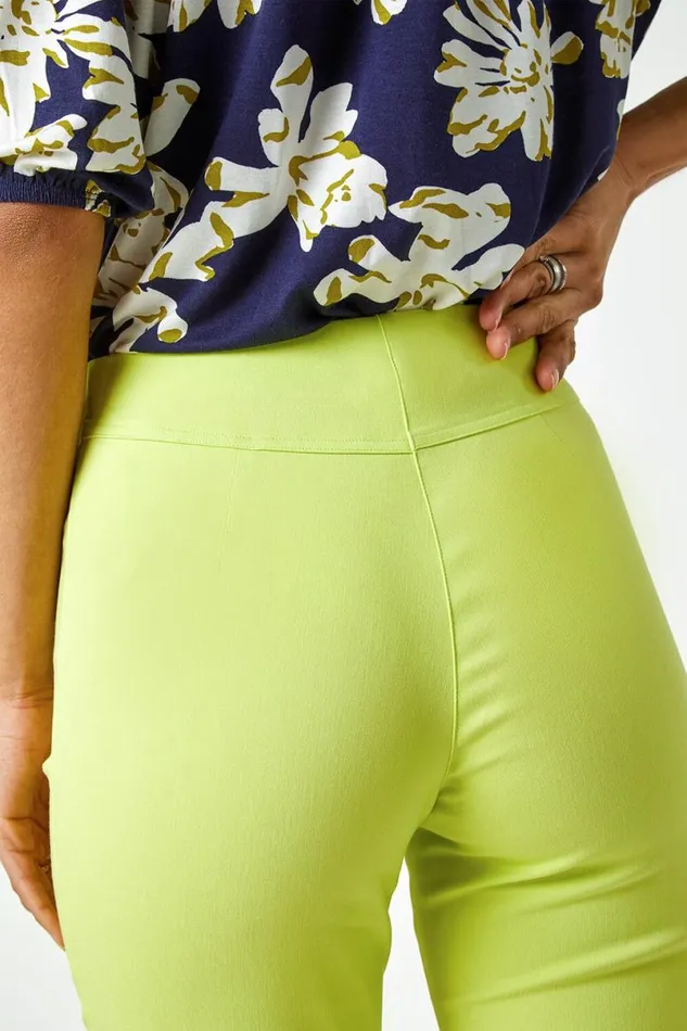 Lime Stretch Knee Length Elastic Waist Shorts Women Roman Trousers