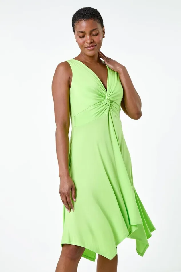 Lime Twist Front Hanky Hem Stretch Dress Women Roman Dresses