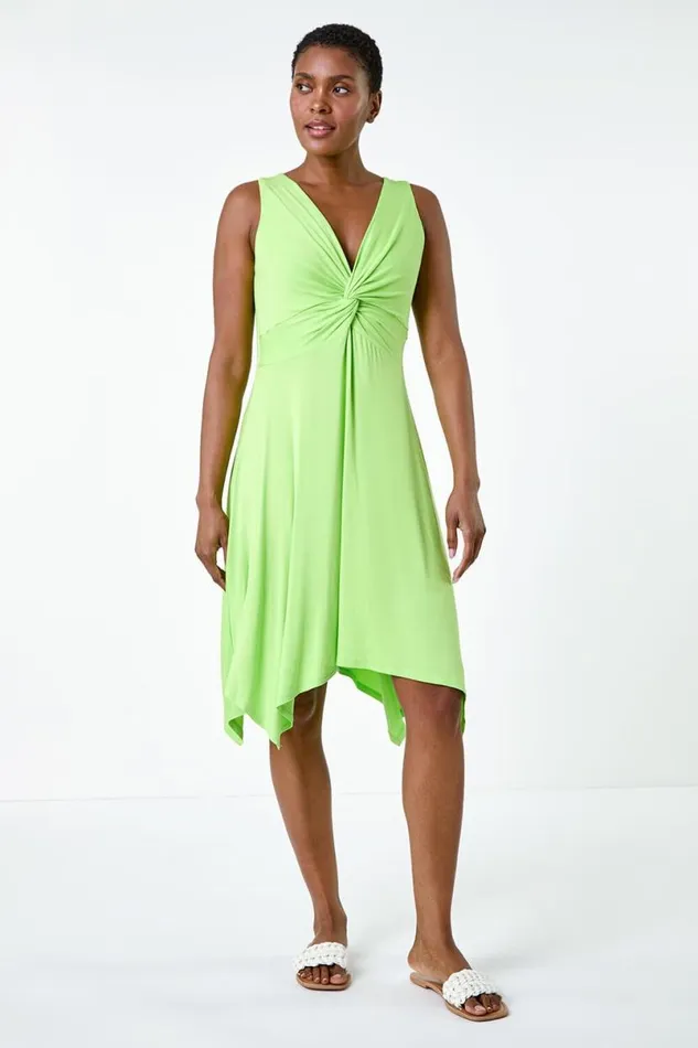 Lime Twist Front Hanky Hem Stretch Dress Women Roman Dresses