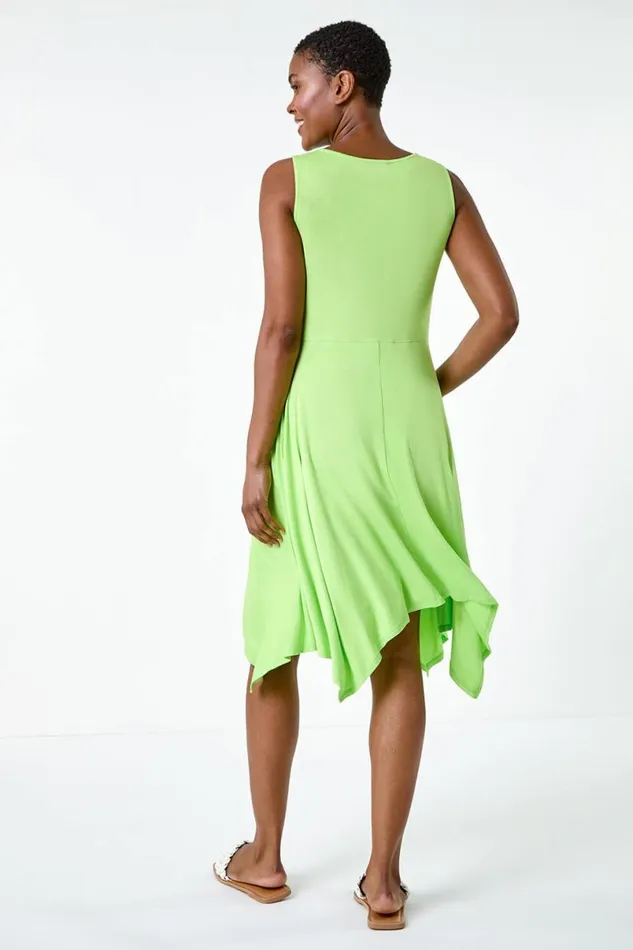 Lime Twist Front Hanky Hem Stretch Dress Women Roman Dresses