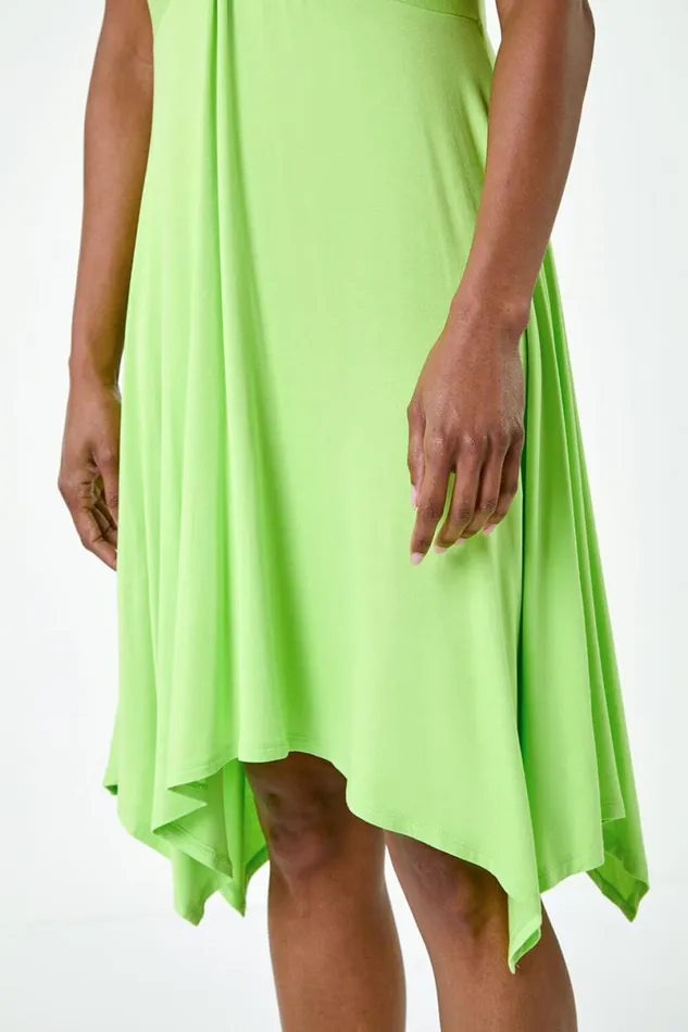 Lime Twist Front Hanky Hem Stretch Dress Women Roman Dresses