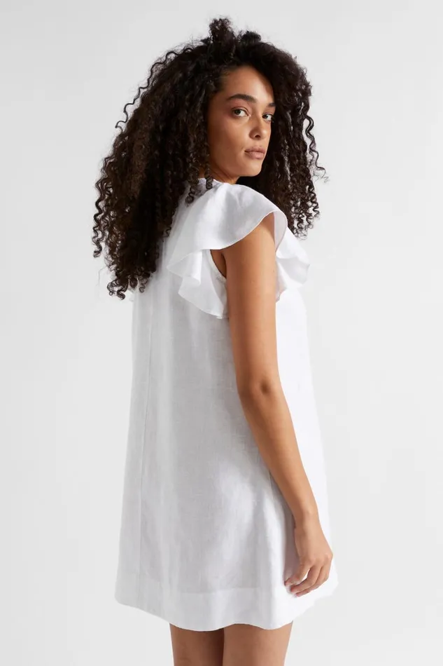 Linen Woman Seed Heritage Core Linen Frill Sleeve Mini Dress Whisper White