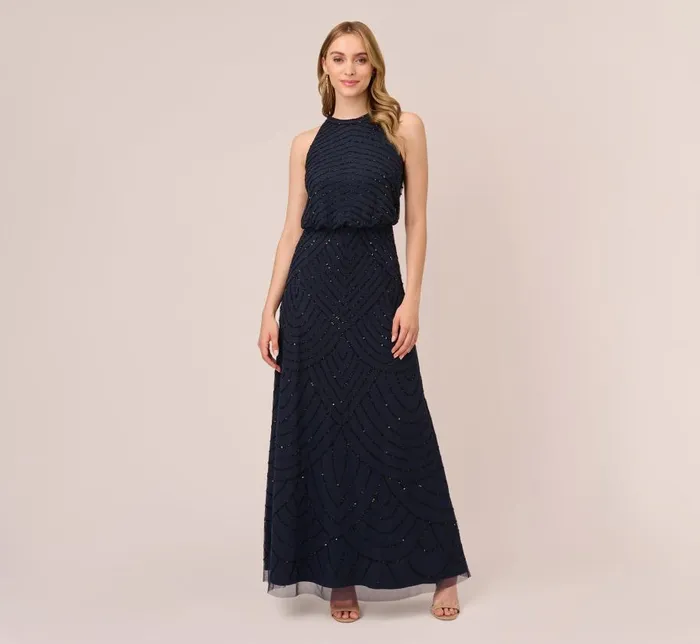 Long Dresses Womens Adrianna Papell Art Deco Beaded Blouson Dress With Halter Neckline In Navy Black Long Dresses Womens Adrianna Papell Art Deco Beaded Blouson Dress With Halter Neckline In Navy Black