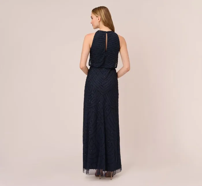 Long Dresses Womens Adrianna Papell Art Deco Beaded Blouson Dress With Halter Neckline In Navy Black