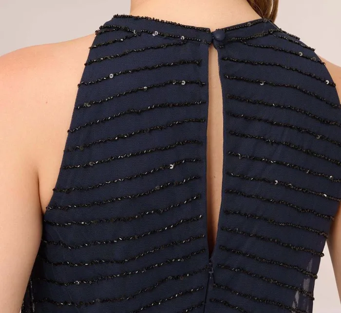 Long Dresses Womens Adrianna Papell Art Deco Beaded Blouson Dress With Halter Neckline In Navy Black
