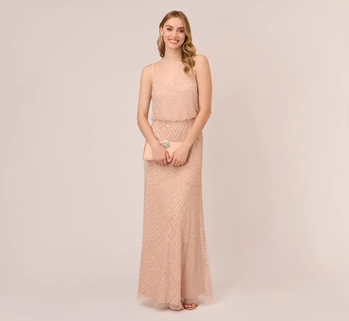 Long Dresses Womens Adrianna Papell Art Deco Beaded Blouson Gown In Blush