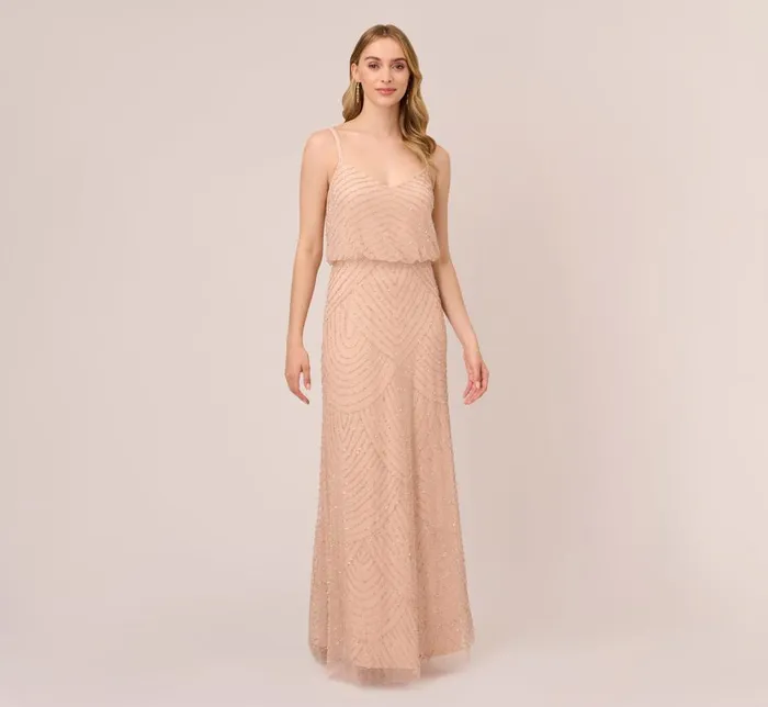 Long Dresses Womens Adrianna Papell Art Deco Beaded Blouson Gown In Blush