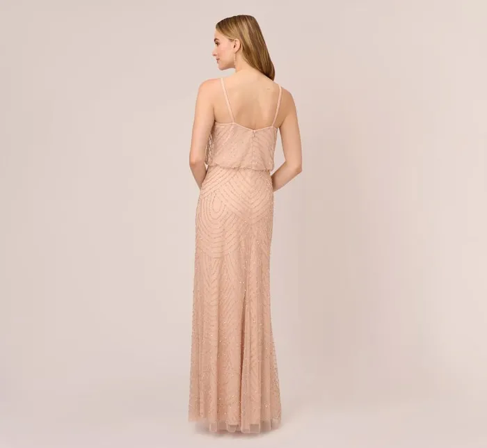 Long Dresses Womens Adrianna Papell Art Deco Beaded Blouson Gown In Blush