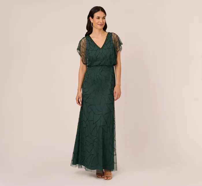 Long Dresses Womens Adrianna Papell Beaded Blouson Mermaid Gown With Sheer Dolman Sleeves In Dusty Emerald Long Dresses Womens Adrianna Papell Beaded Blouson Mermaid Gown With Sheer Dolman Sleeves In Dusty Emerald