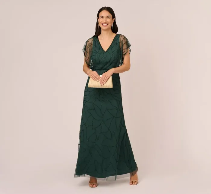 Long Dresses Womens Adrianna Papell Beaded Blouson Mermaid Gown With Sheer Dolman Sleeves In Dusty Emerald