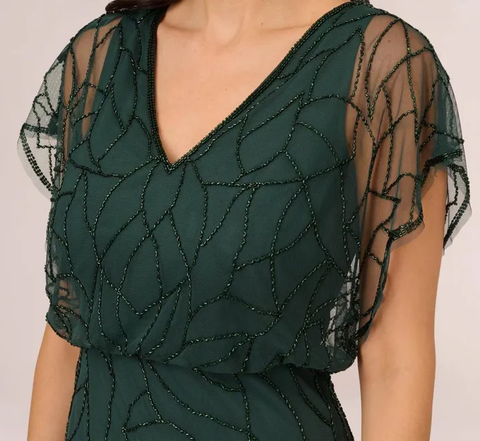 Long Dresses Womens Adrianna Papell Beaded Blouson Mermaid Gown With Sheer Dolman Sleeves In Dusty Emerald