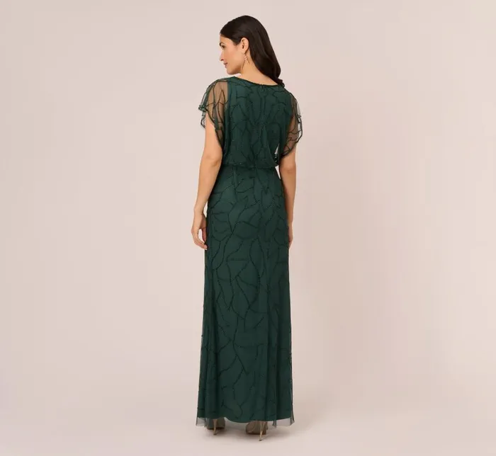 Long Dresses Womens Adrianna Papell Beaded Blouson Mermaid Gown With Sheer Dolman Sleeves In Dusty Emerald
