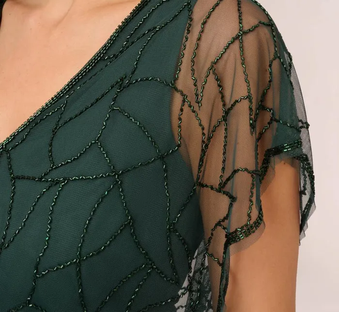 Long Dresses Womens Adrianna Papell Beaded Blouson Mermaid Gown With Sheer Dolman Sleeves In Dusty Emerald