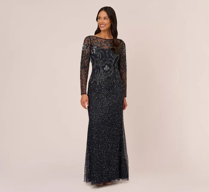 Long Dresses Womens Adrianna Papell Floral Beaded Dress With Sheer Long Sleeves In Midnight Long Dresses Womens Adrianna Papell Floral Beaded Dress With Sheer Long Sleeves In Midnight